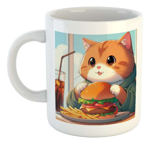 Taza Ceramica Gato Comiendo Hamburguesa Anime Burger