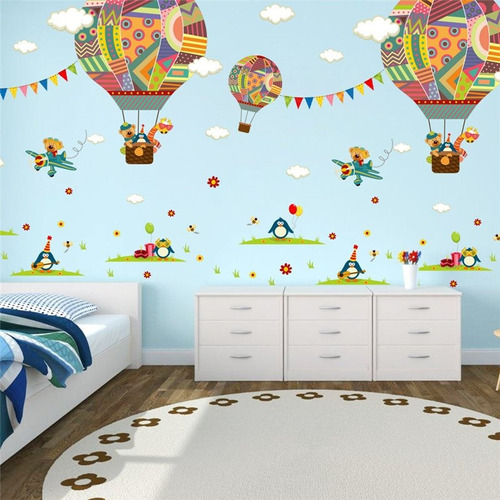 Adhesivo decorativo para habitación de niña con globos de aire caliente 68 x 34 cm ancho x alto Little Deco DL540