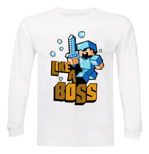 Polera Manga Larga, Minecraft Like A Boss, Niños/as, Jóvenes