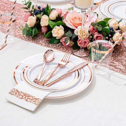 Juego De Vajilla Desechable Isfangco Rose Gold 200 Piezas
