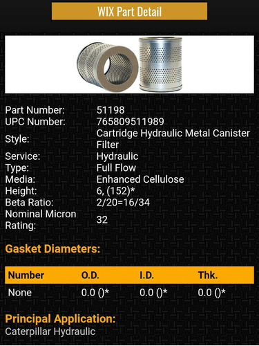 Filtro Aceite Hidraulico Caterpillar 51198 Wix Usa