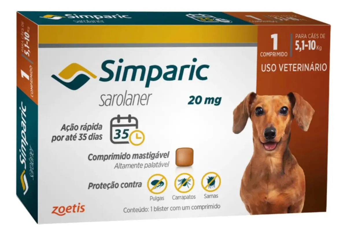 Antipulgas Simparic 20mg Cães 5 A 10kg 1 Comprimido Bege