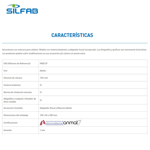 Imagen 5 de 7 de Aerocamara Con Mascara Adultos Silfab Bivalvular Pa05