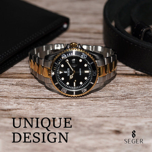 Imagen 7 de 8 de Reloj Mimimalista Elegante Seger 1779 Acero Fecha ! Color De La Malla Plateado/dorado Color Del Bisel Negro
