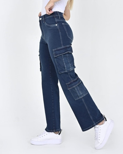 Jean Wide Leg Cargo Elastizado Costuras Blancas Diva