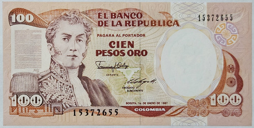 Billete 100 Pesos 01/ene/1987 Colombia Unc