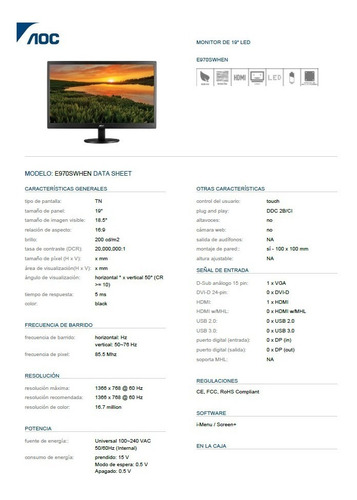 Monitor Led Aoc 18.5 E970sw Hdmi Vga 5ms
