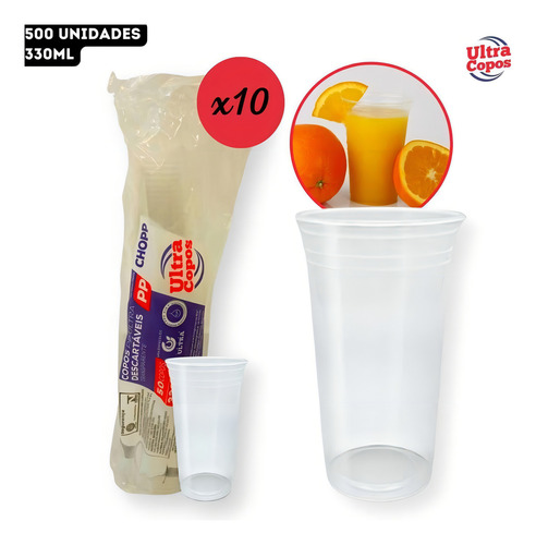 500un Copo Plástico 330ml Transparente Liso Ultra Copos