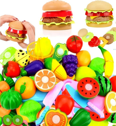 Comidinha Brinquedo Fruta Velcr Hamburguer Montar Infantil