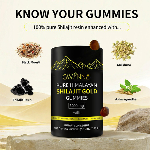 Gwynne Shilajit Gummies Puro Del Himalaya 3000mg Apto Para Hombres Y Mujeres 85 Micronutrientes Natural 60 Gommies 100% Orgánico