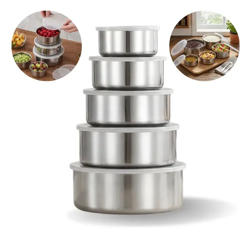 Conjunto De 5 Potes Em Aço Inox C Tampa Hermetico P Alimento Prateado