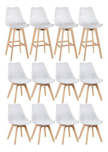 Kit - 4 Banquetas Altas + 8 Cadeiras Estofadas Leda Estrutura Da Cadeira Branco