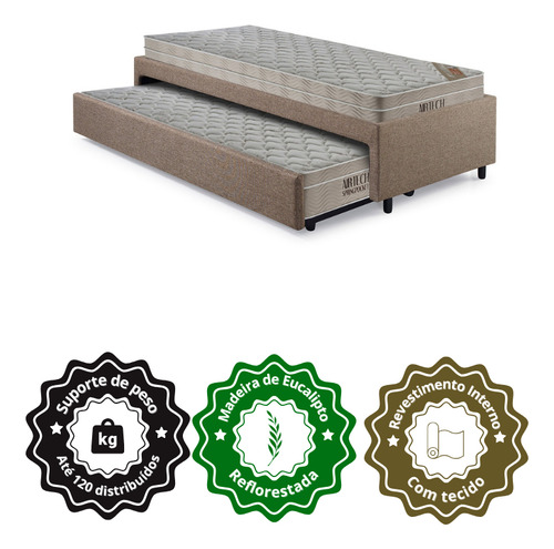 Bicama Box Solteiro Linho Marrom 88x188 C/2 Colchões Ortobom