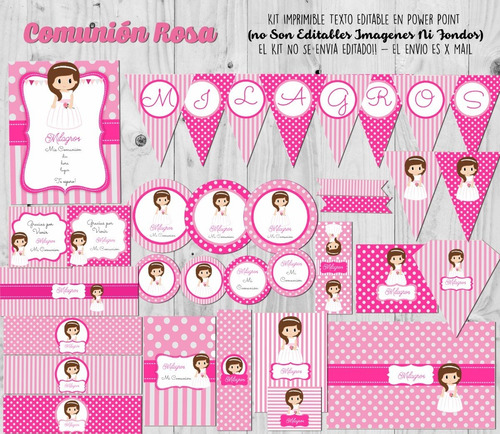 Kit Imprimible Comunión Nena Con Rosa Textos Editables!