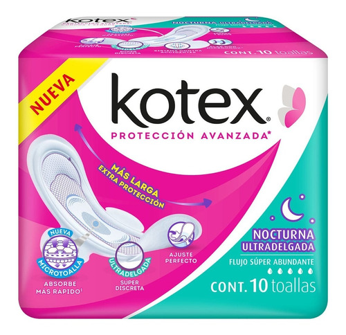 Toallas Femeninas Kotex Ultradelgada Nocturna Con Alas 10 Toallas