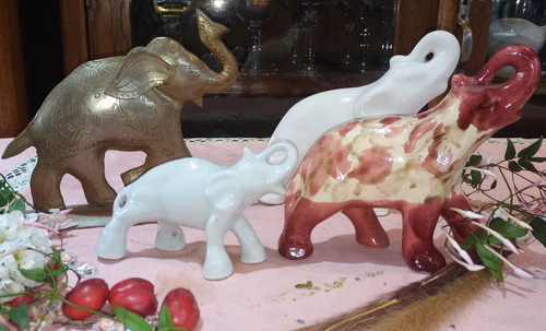 Antiguo Elefantes Metal Y Porcelana 4 Unidades N582 (Usado)
