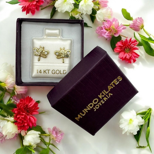 Broqueles Libélula Oro 14k - Zirconia - Alegres - Con Caja