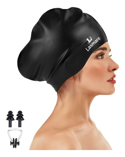Gorro De Natación Lasmare P/ Pelo Largo, De Silicona, Negro