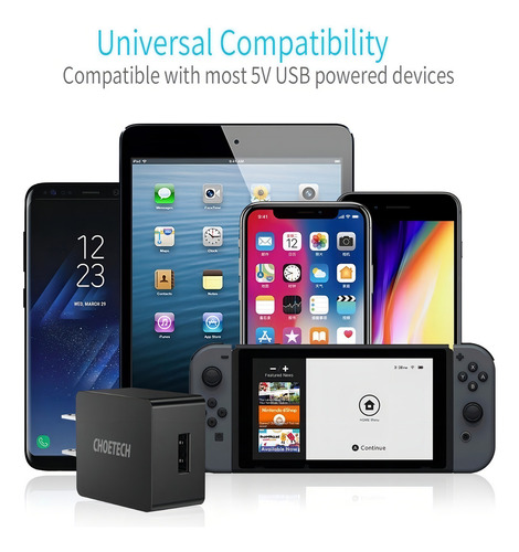 Cargador De Pared Usb Certificado Ui 2.4a 12w Para iPhone Galaxy Huawei Y Otros Universal Celulares Premium - Choetech Color Negro