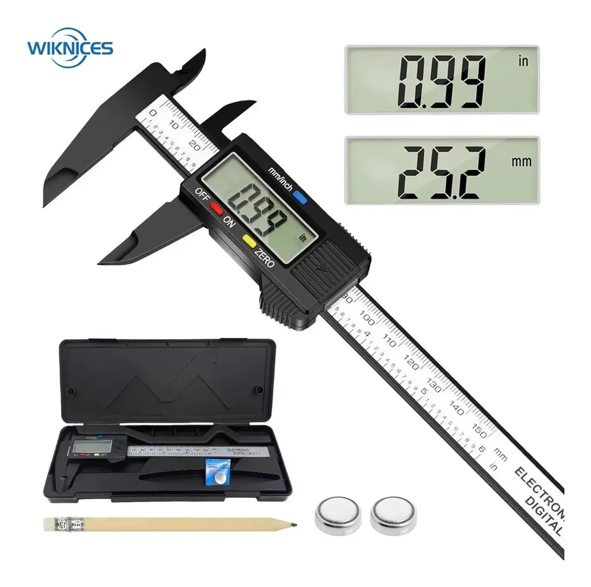 Wiknices Calibrador Vernier Digital Pie De Rey 6in 150mm Caja 2 Tipos De Conversión Baterías Reemplazables Pantalla Led