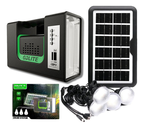 Kit Panel Solar Portátil + 4 Bombillos + Parlante Radio Auto