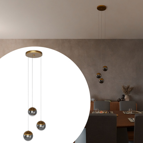 Pendente Lustre Triplo Jabuticaba Globo Vidro Especial G9 Estrutura Dourado Brilhoso Globo Fumê