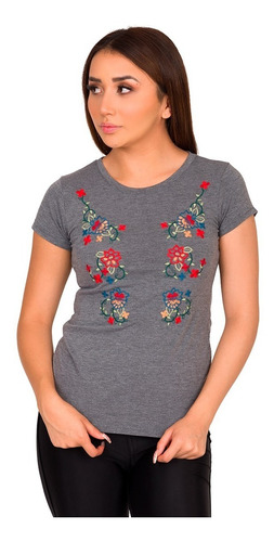 Camiseta Moda Bordado Flores Asiáticas Mujer V821