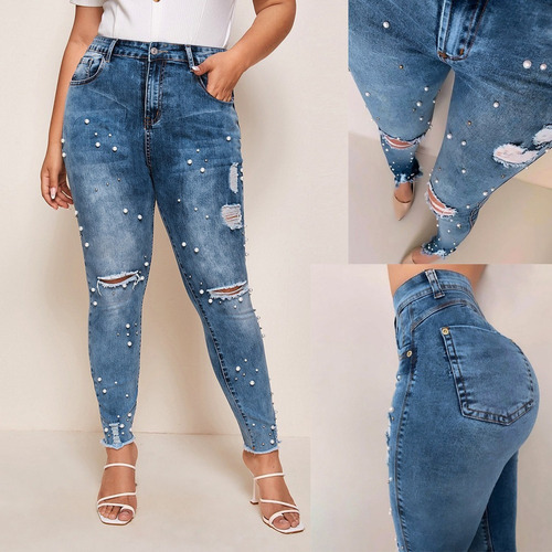 Jeans Mujer Talle Alto Skinny Perla Agujero Denim Stretc [u]