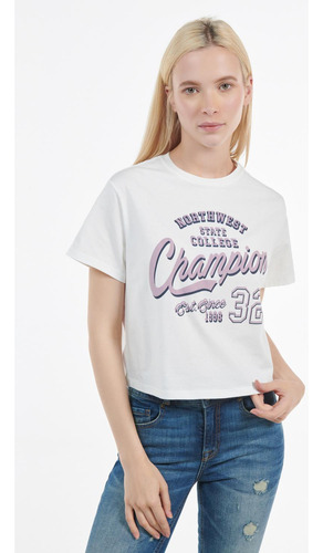 Camiseta Crema Clara Crop Top Con Diseño College Lila En Fre