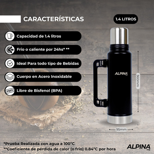 Termo Acero Inoxidable Con Pico Cebador Alpina 1.4 Litros Negro