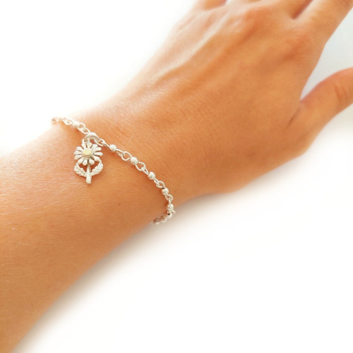 Promo!! Pulsera Bolitas Plata 17cm + Dije Girasol Con Oro 