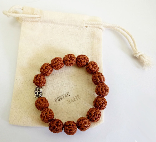 Pulseira Semente Rudraksha Grande 12mm Cabeça Buda Saquinho