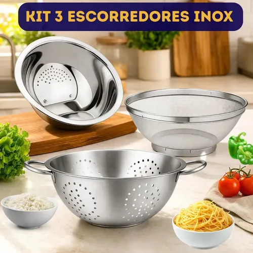 Kit 3 Peças Escorredor De Arroz Em Inox 25cm + Escorredor De Macarrão Inox Grande 23cm + Escorredor De  Alimentos 22cm
