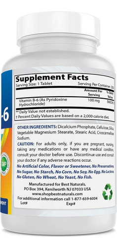 Vitamina B6 100 Mg Con 250 Tabletas Piridoxina Hcl Sabor S/n