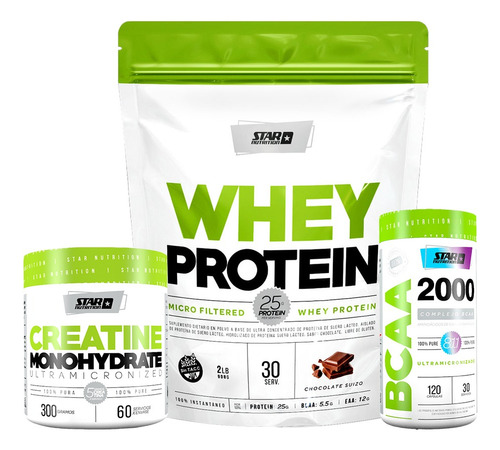 Star Nutrition Whey Protein 2 Lb + Creatina X 300 Gr + Bcaa 
