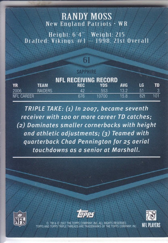 2007 Topps Triple Threads Sapphire Randy Moss Wr Pats 4/25 (Usado)
