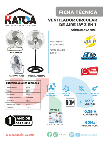 Ventilador Pedestal Pared Piso 18 PuLG 3 En 1 Metalico Katoa