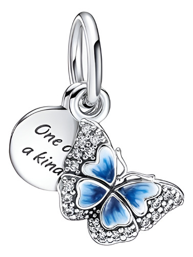 Charm Pandora Colgante Doble Mariposa Azul Y Frase Plateado