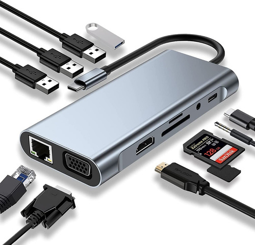 Adaptador Usb C 11 En 1 Hdmi-ethernet-4k Vga Lector Tarjetas