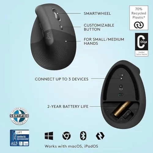 Mouse Ergonómico Vertical Logitech Lift, Inalámbrico,