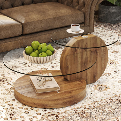 Mesa De Centro Redonda De Cristal Y Madera Con Almacenamient