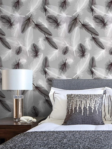 Papel Mural Patrón Plumas Gris, Negra Y Blanco Texturizado
