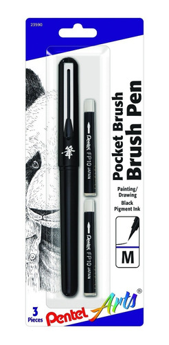 Pentel Arts Pocket Brush Pen, Includes 2 Black Ink Refills.