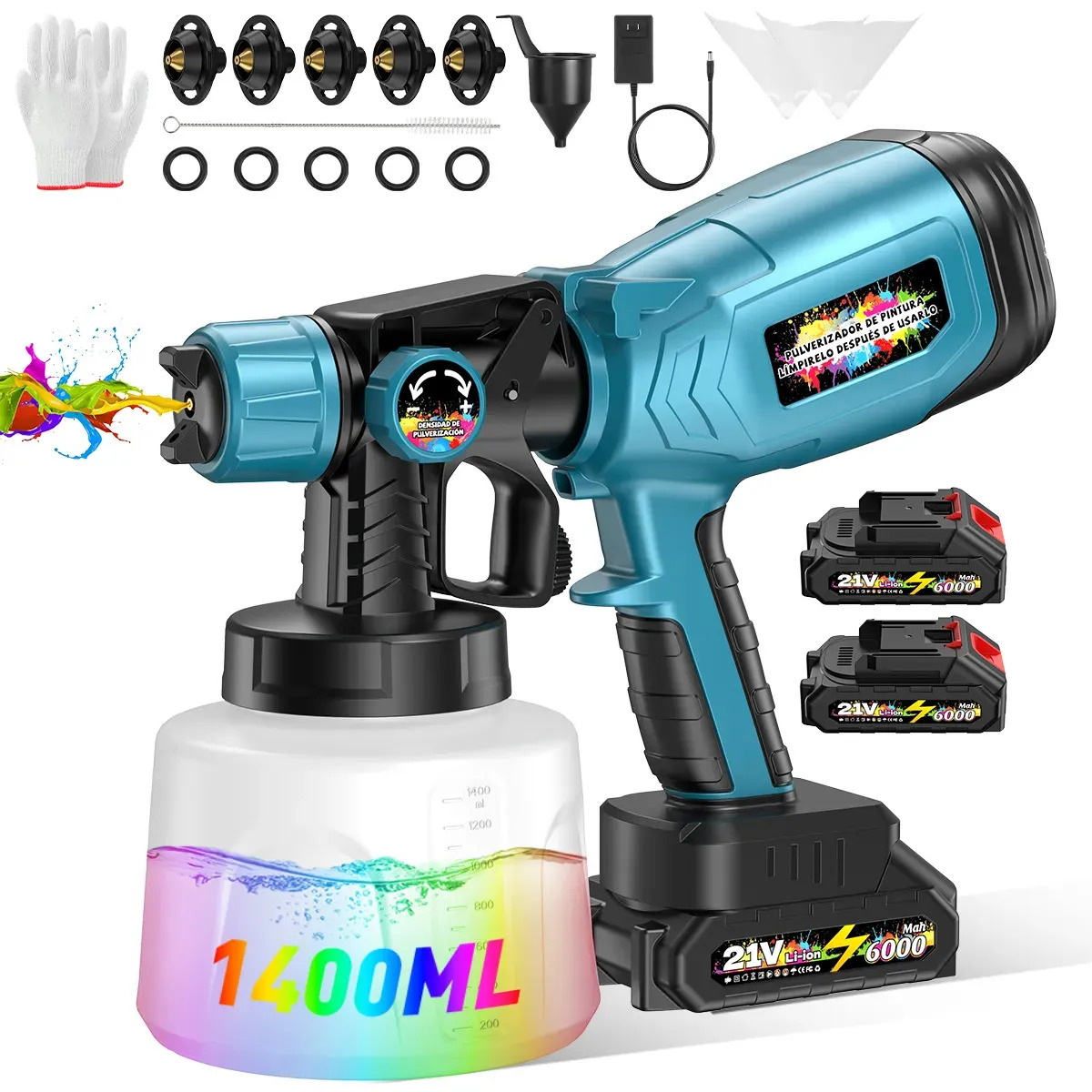 1500W Pistola De Pintura Elétrica Profissional 1400ML 2*6000mAh Bateria Portátil Pistola Pulverizador Hvlp De Tinta Con 6 Bicos 3 Modos Low Pressão Gravidade Para Automotiva/Carro/