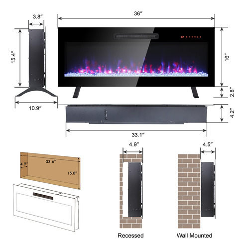 Calentador Eléctrico De Chimenea Empotrado Con Control Remot Negro