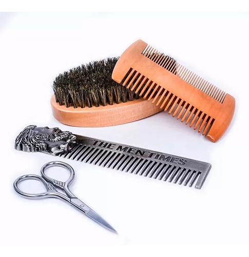 Set De Grooming X4 Cuidado Para Barba Peine Doble Madera