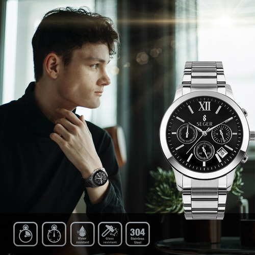 Imagen 4 de 10 de Reloj Hombre Seger 9097 Original Eeuu Elegante Vestir Acero