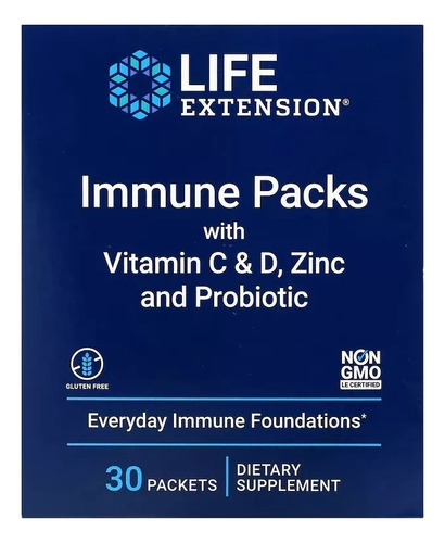 Life Extension Immune 30 Packs Vit C, D Zinc Probióticos Sin sabor