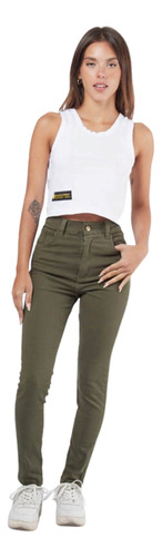 Pantalon Chupin Gabardina Elastizada  Verde Musgo T 38 A 46