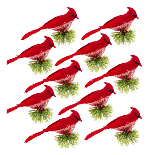 10 Paquetes De Pajaros Cardenales Rojos Artificiales Con Cli